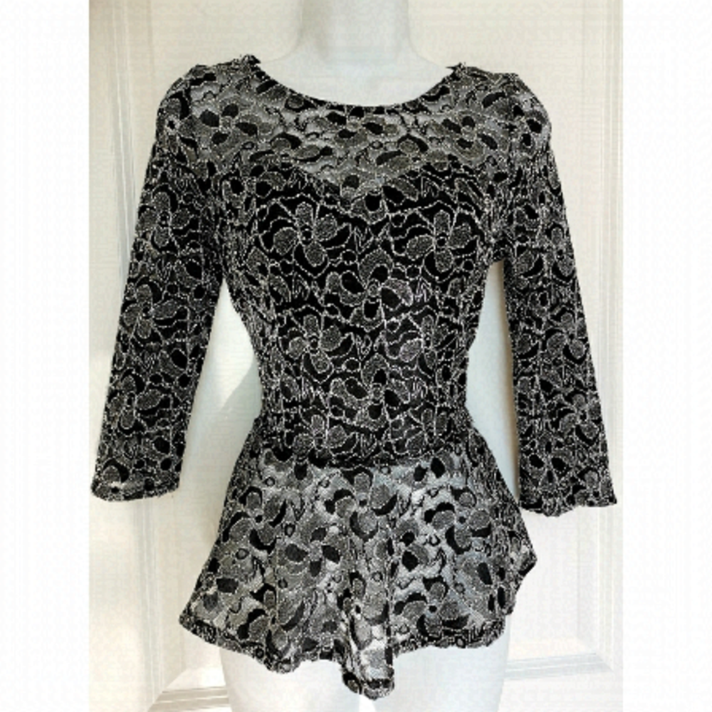 Black Silver lace peplum top size s